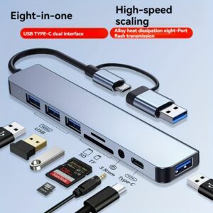 Estación de Conexión USB 3.0 8 en 1 para Portátiles y Escritorios – Tipo C con Uso Multiconector, Escalado Rápido, Lectura de Tarjetas CD/TF, Teclado, Ratón, Disco Duro y Ventilador, Estación Base para Portátil